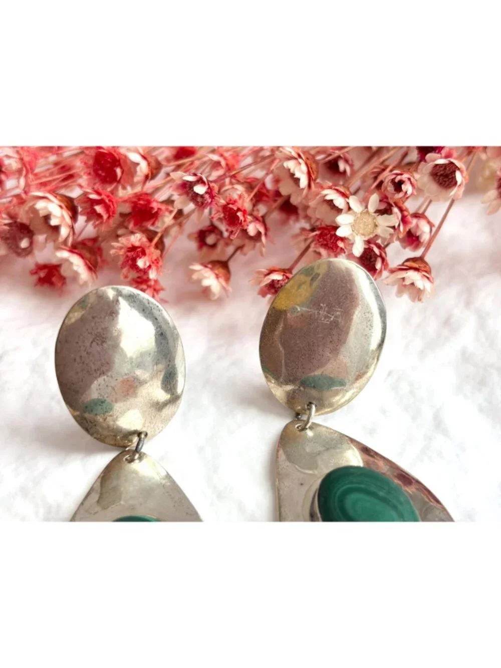 Malachite Inlaid Teardrop Clip On 800 Silver Drop Southwest Style Earrings